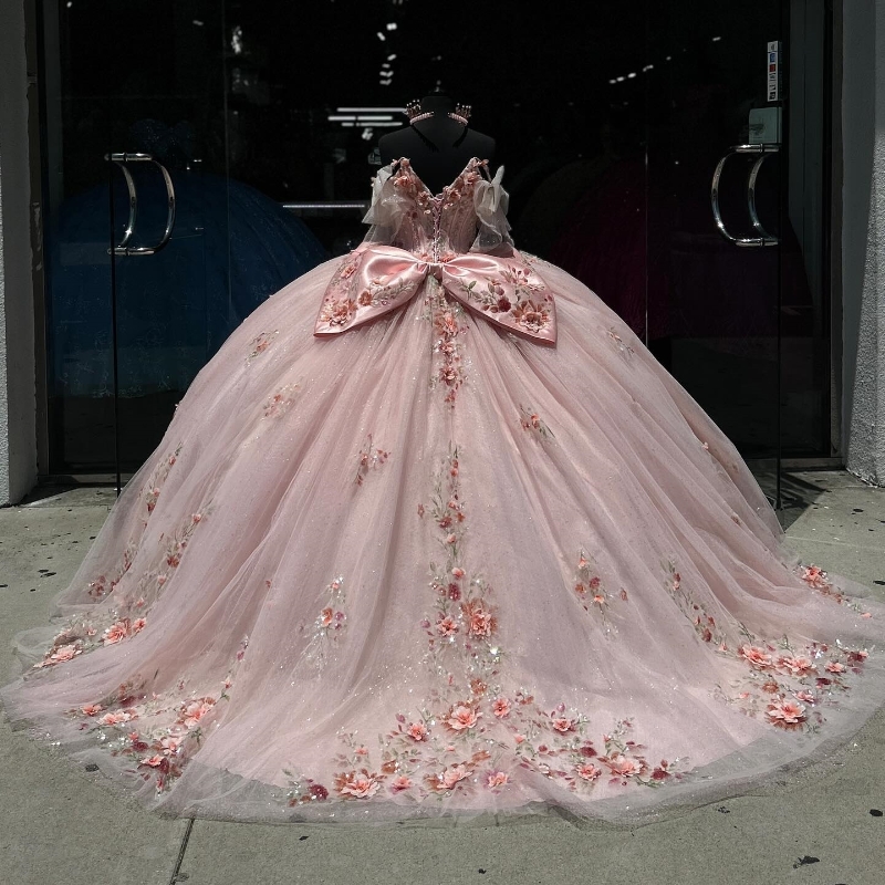 Sparkly Princess Pink Quinceanera Dresses Ball Sweet 16 Dress Beads Appliques Tull Tassels Birthday Vestidos 15 De Novia Party Gown