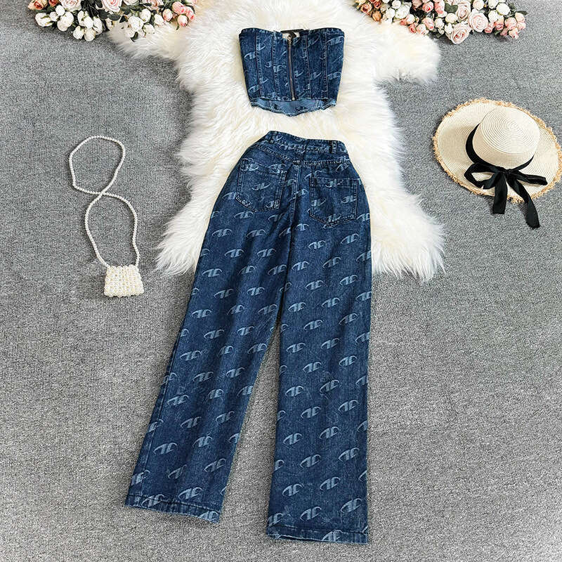 Fashion Womens American Style, Strapless Denim Vest, Two-piece Set, Casual High Waisted Slim Straight Pants Bifurcated Waist Silk Dress Denim Dress