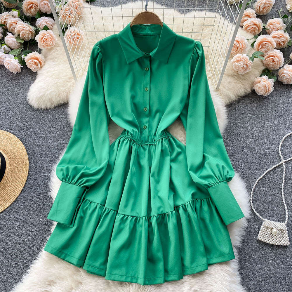 Solid Color, Simple Bubble Sleeves, Temperament, Waist Cinching, Slimming Shirt Skirt, Small Stature, Fashionable and Stylish, Pleated Dress BOHO DRES