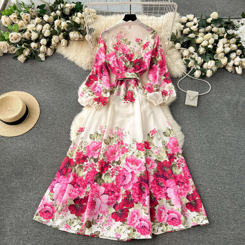 Flower Series Spring Clothing 2024 New High-end Printed Slim Fit Long French Style Bubble Sleeve Temperament Dress Waist Self-cultivation Short SKINNY