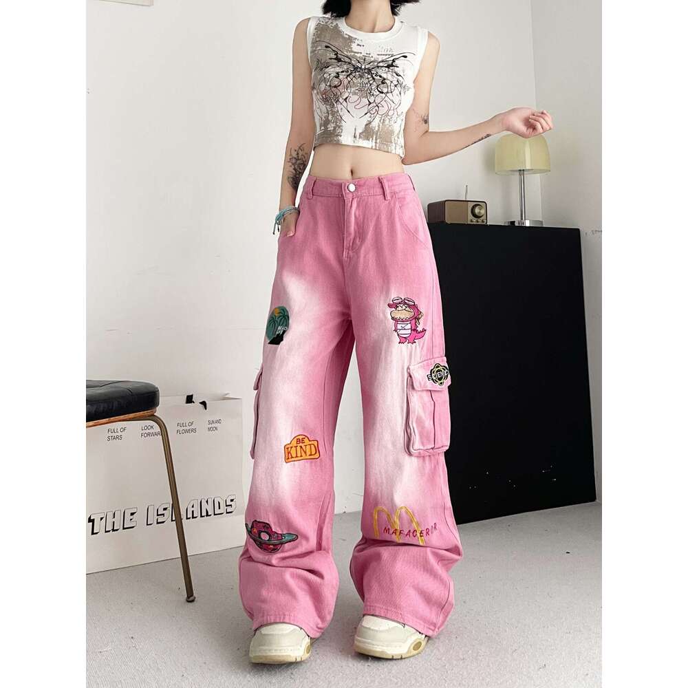 American Cartoon Embroidered Pink Workwear Jeans with High Street Design, Loose Straight Wide Leg Pants Sport Men Pants Cotton Gold Velvet Pants