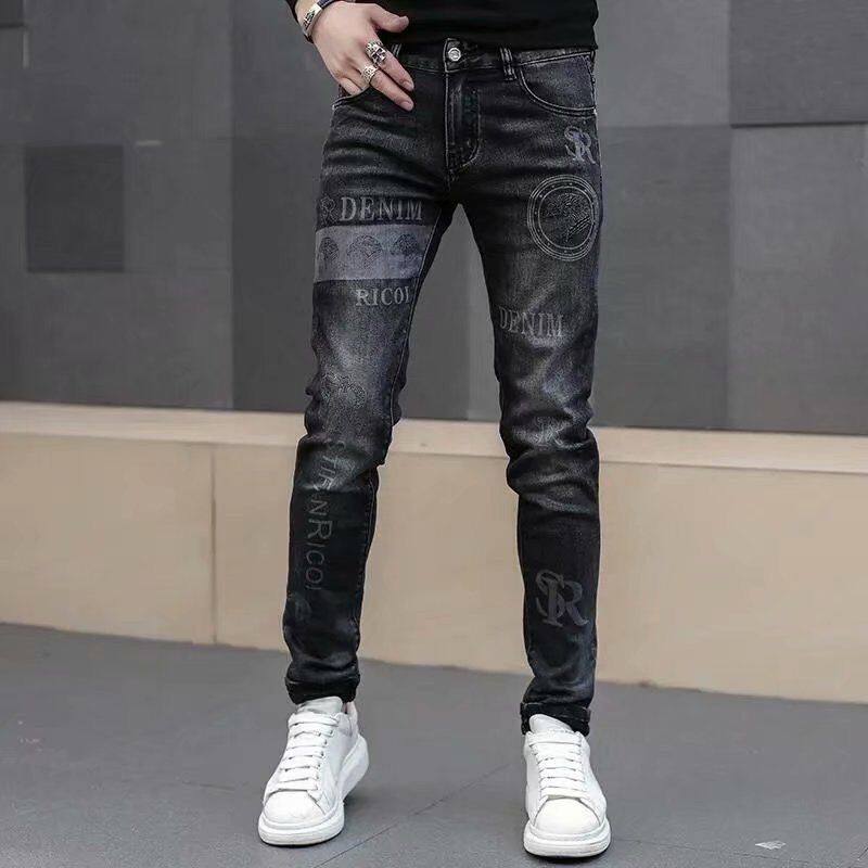Gray jeans spring and autumn men's elastic slim feet pants Korean casual trend all-match