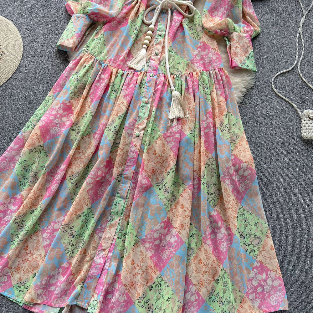 Spring and Autumn Seasons Thin Sleeved Standing Neck High End Printed Chiffon Womens Loose Lace Up Waist Holiday Long Dress Self-cultivation Silk Dres