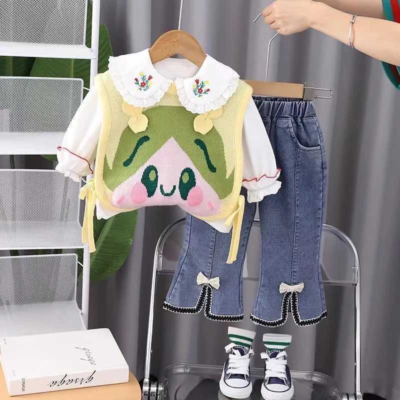 Clothing Sets Girls Spring and Autumn Season Set 2024 New Fashionable Girl Baby Korean Sweater Vest Three Piece Set Kids Outfits