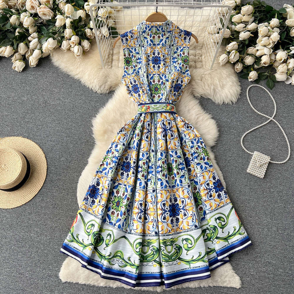 New Palace Style Sleeveless Lapel for Spring Summer, Slim Waist and Stylish Printed Mid Length Dress, Trendy Short Self-cultivation Temperament Silk D