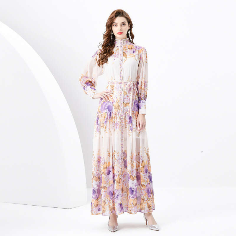 Spring/summer 2024- Palace Style Standing Neck Lantern Sleeves Wave Edge Long Printed Dress Loose Waist Self-cultivation Sexy Bifurcated Oversize Dres