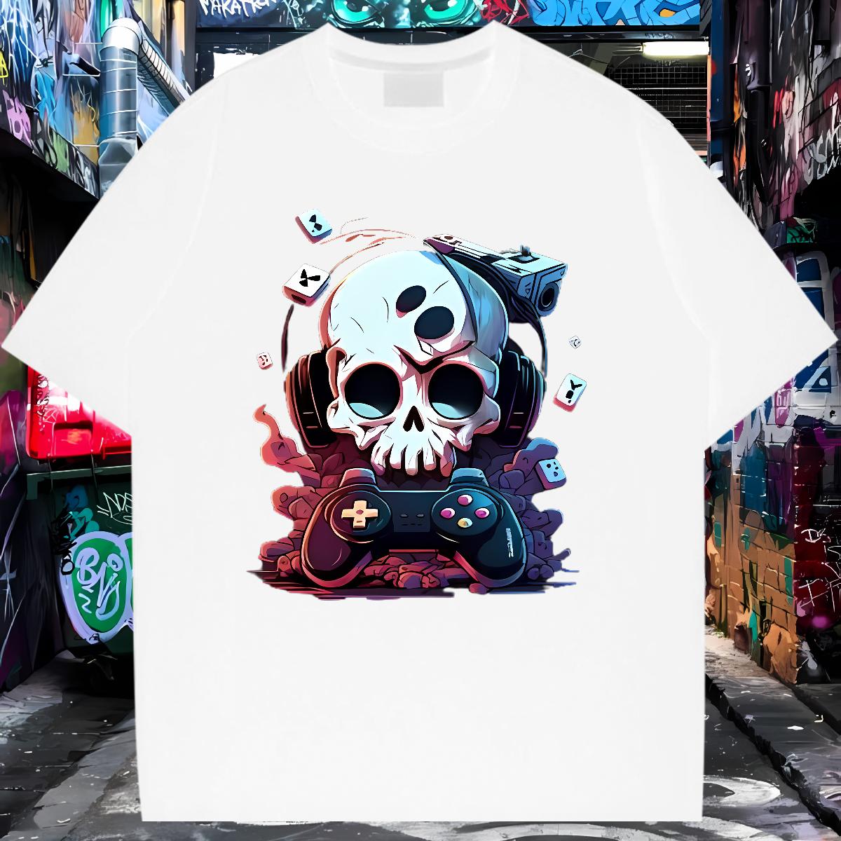 Comfortable Mens T Shirts Skeleton 230g Cotton Anime Printing Street Breathable Crew Neck Cotton Men Tshirts Classic Oversized 3XL 4XL Wear
