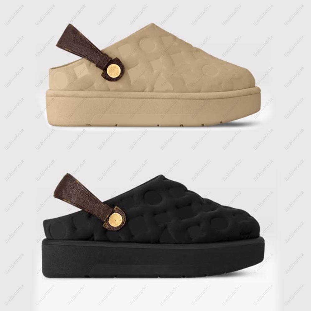 Platform Clog Black debossed suede calf leather and shearling Treaded micro outsole Sheepskin lining clogs slippers comfort clog slipper