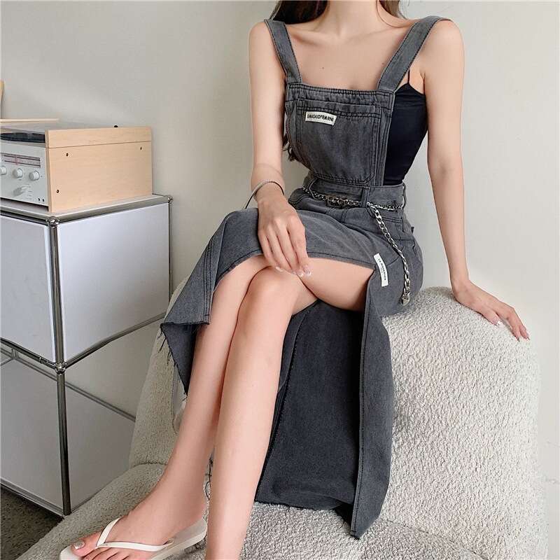 Fashion Spicy Girl Ins Trendy Label Shoulder Strap with Split Hong Kong Style Fringed Denim Skirt Fishtail Dress Temperament Self-cultivation Lace Dre