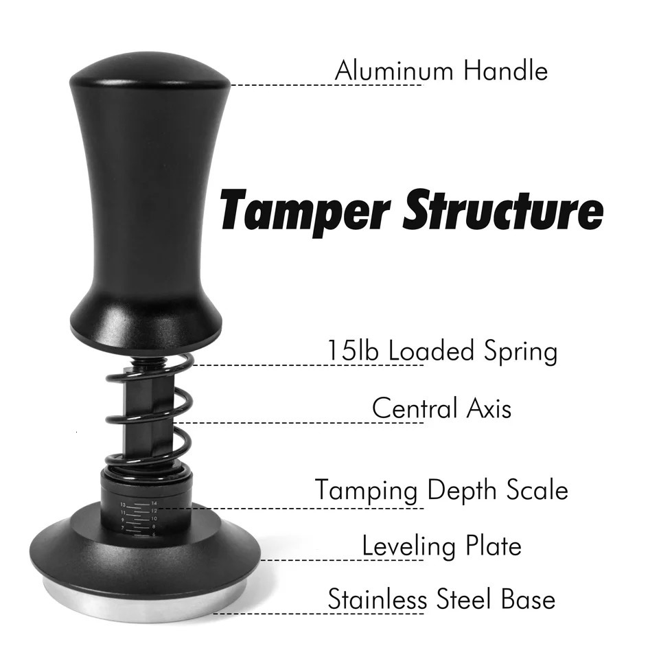 Coffee Tampers 15lb Spring Loaded Coffee Tamper Ripple Base Aluminum Self Leveling Espresso Tamper Coffeeware 51mm 53mm 58mm 240716