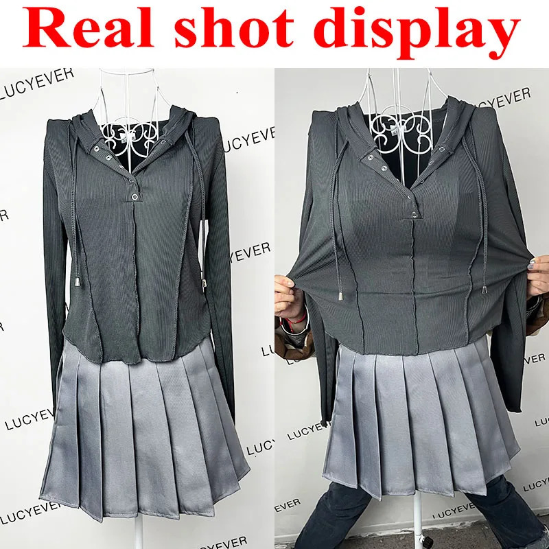 Rimocy Hooded Button Up Crop Top Women Autumn Winter Slim Fit Long Sleeve Y2K Top Woman Streetwear Wild Elastic T-Shirt Female 240716