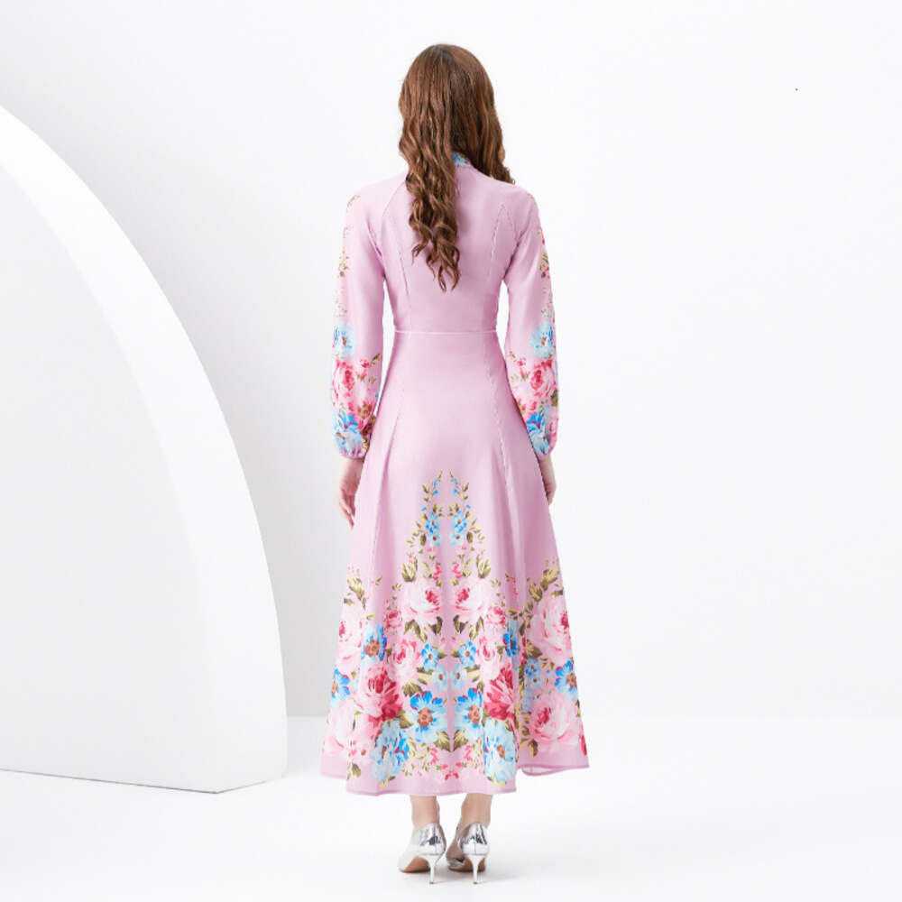 Ladies 2024 Spring/summer - Vacation Style Stand Up Collar Single Breasted Diagonal Cut Print Wide Swing Long Dress Bifurcated Sexy BOHO DRESS Round N