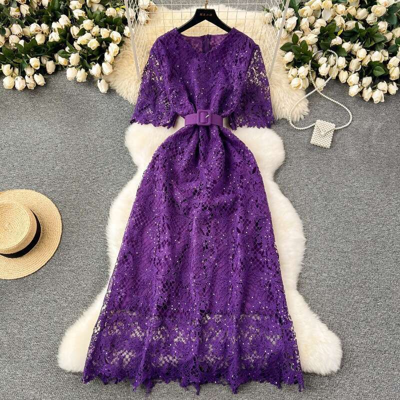 High End, Light Luxury, Sequin Embroidery Dress, Elegant, Slim Fit, Long Design, Hollow Out Lace Dress for Women Temperament Denim Dress High Waist Dr