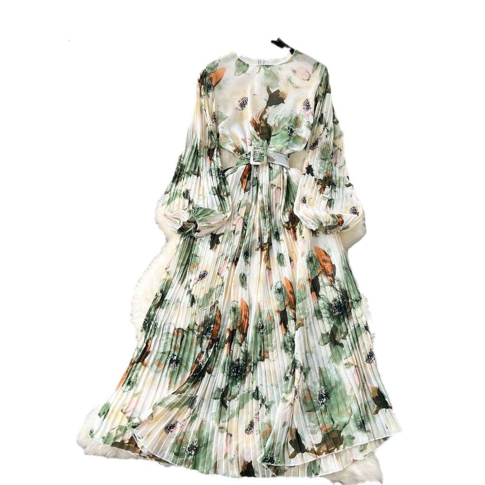 French Kikyu Skirt Spring 2024 New Heavy Industry Pressed Bubble Sleeves Slim Fit Mid Length Hundred Pleated Chiffon Dress Bifurcated Waist Denim Dres