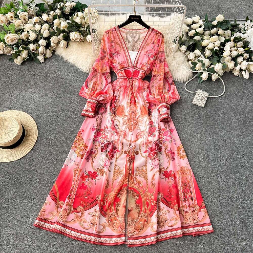 European Design, Print, Sexy Deep V-neck, Button Up, Slim Long Bubble Sleeves, Elegant and Stylish Floral Dress Novelty Short Lace Dress High Waist Dr