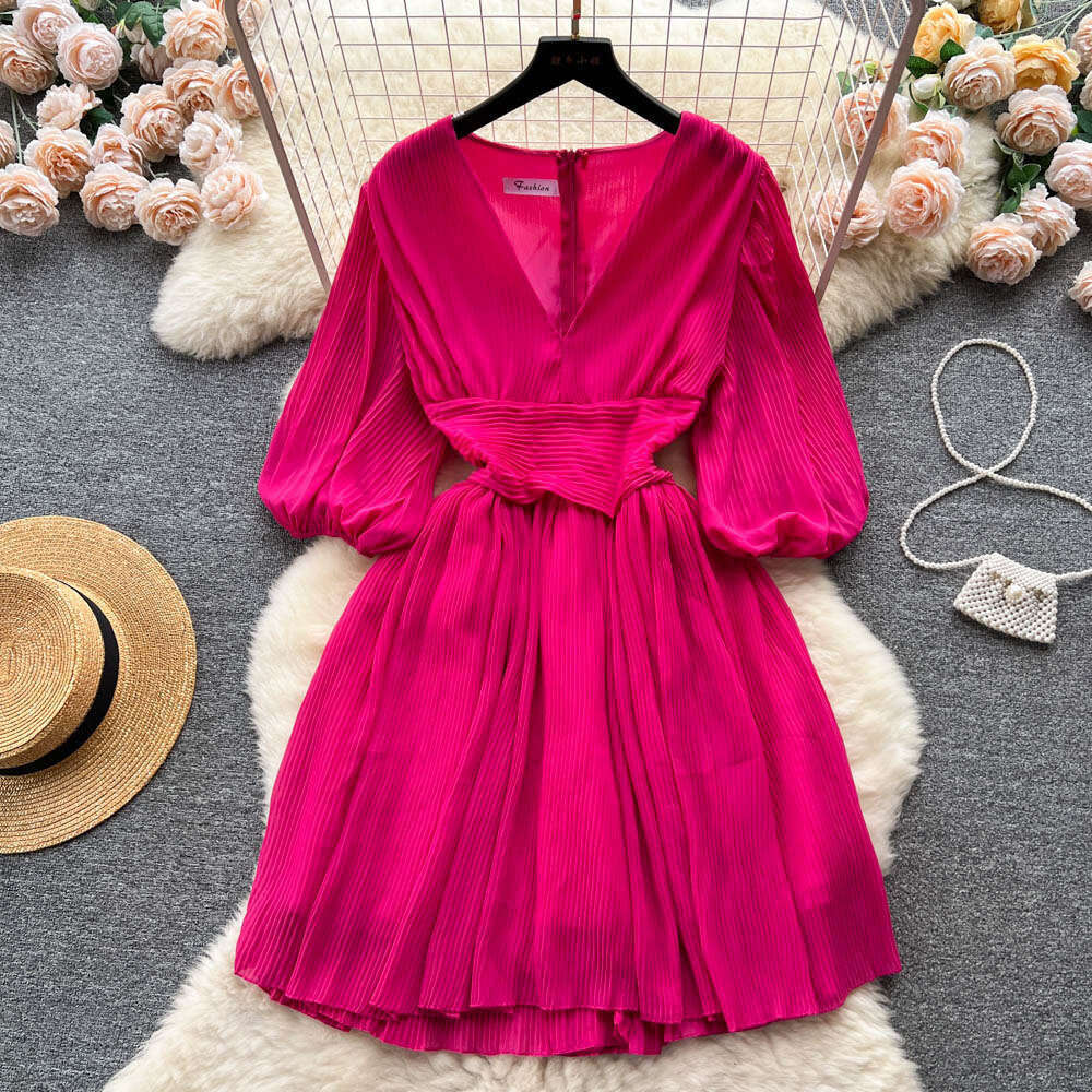 Wind V-neck Dress, Womens Summer French High-end Feeling, Light Luxury, Niche Lantern Sleeve Pleated Waist Cinched Midi Skirt Temperament High Waist D