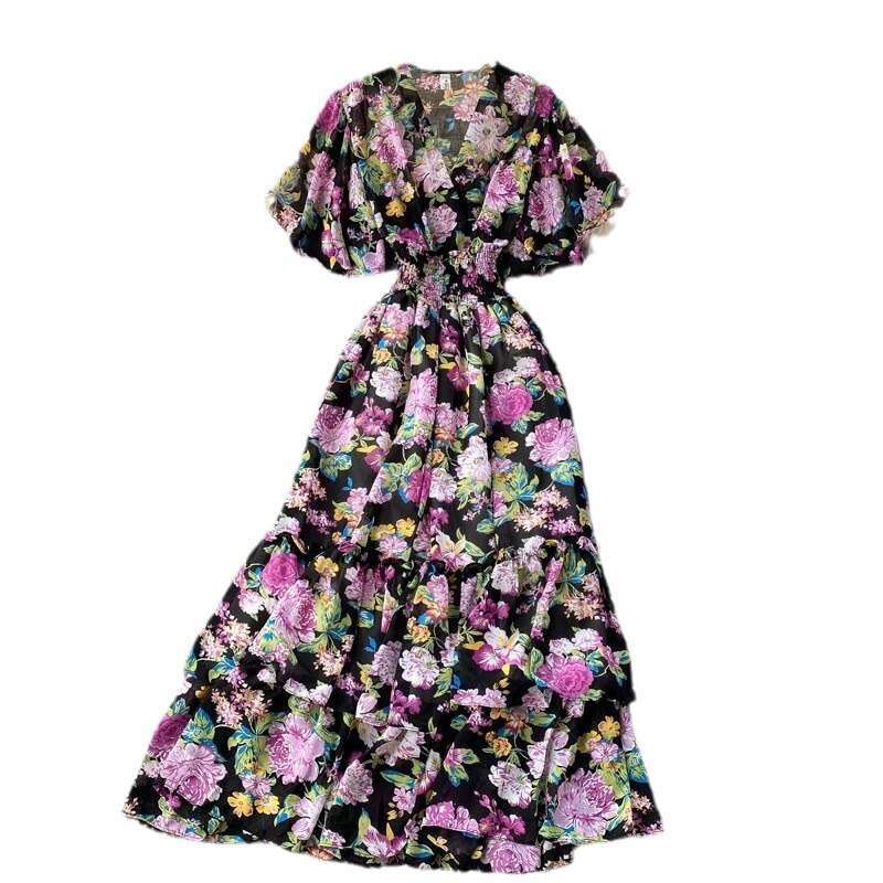 T Typhoon Beautiful Dressv Neck Ruffle Edge High Waist Slim Fit Large Hem Printed Fairy Dress Loose Sexy Waist Bifurcated Short Round Neck Dress SKINN