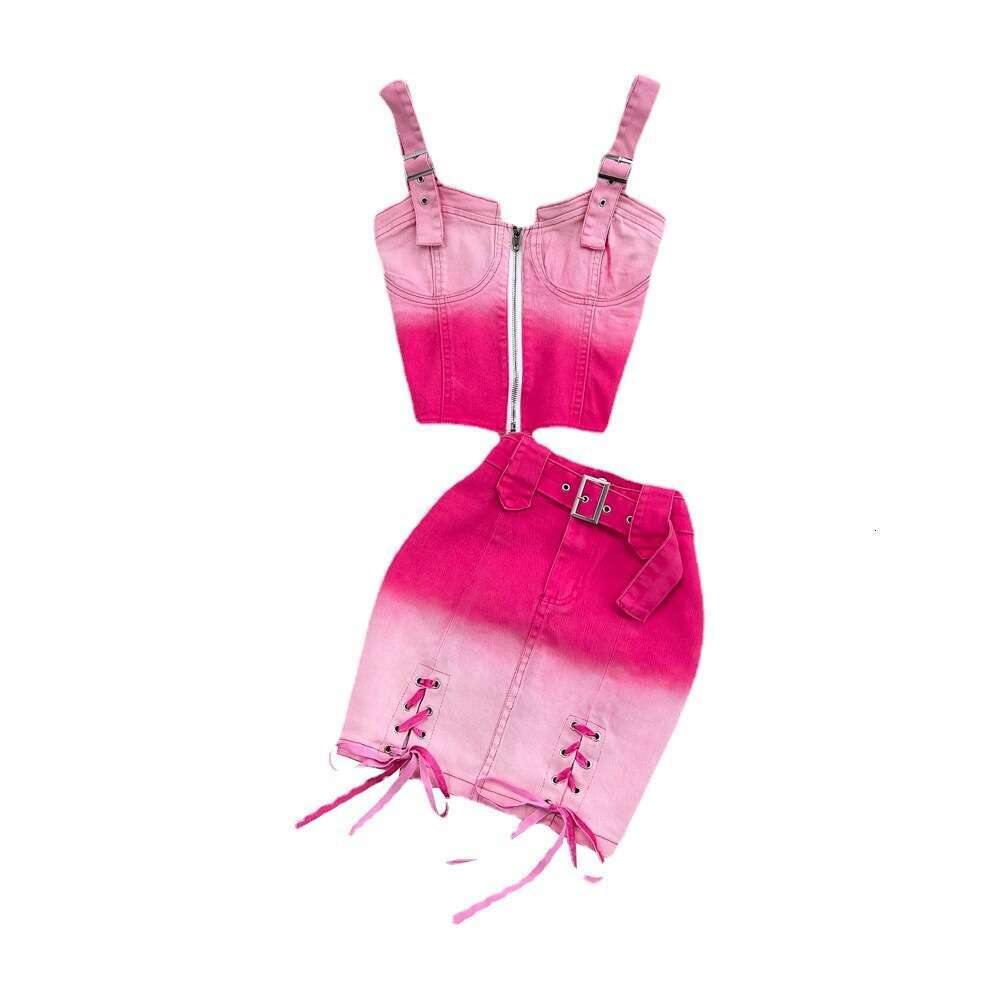 Pink Gradient Spicy Girl Denim Camisole Two-piece Set with High Waistband and Buttocks Strap, Half Skirt for Summer Short Waist Oversize Dress