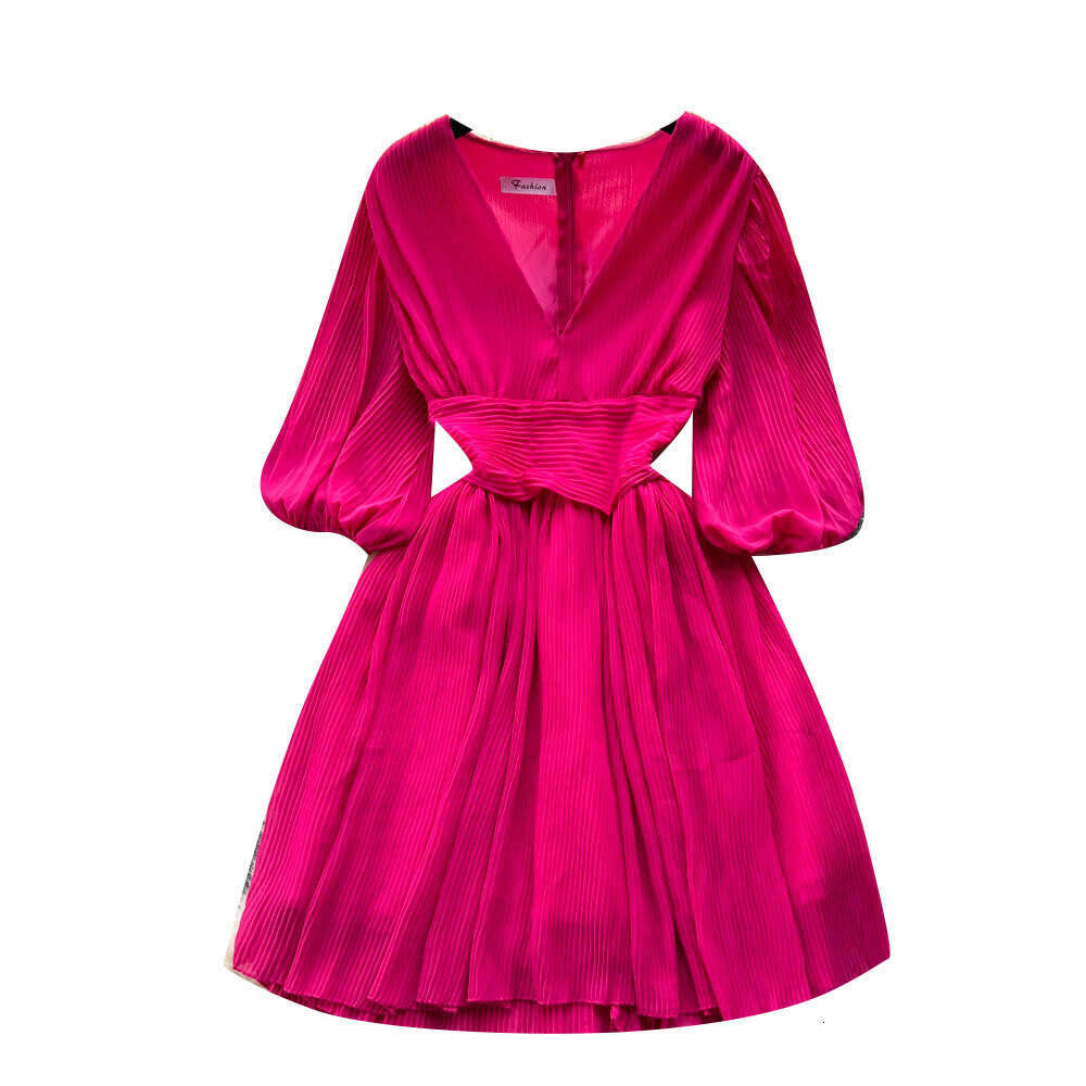 Wind V-neck Dress, Womens Summer French High-end Feeling, Light Luxury, Niche Lantern Sleeve Pleated Waist Cinched Midi Skirt Temperament High Waist D