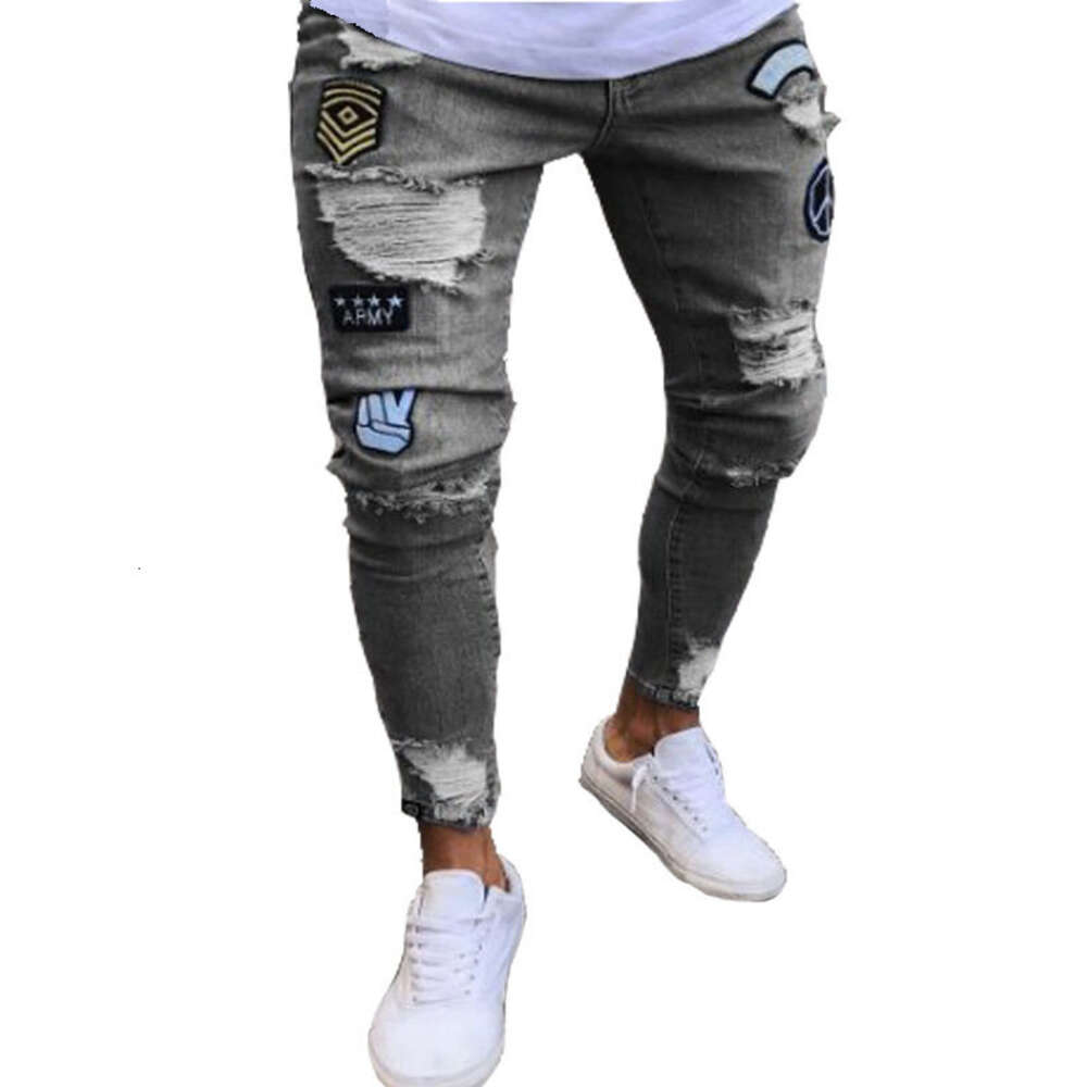 Designer men's jeans LHC465 cross-border European and American badge jeans knee zipper tight pants hole men's jeans