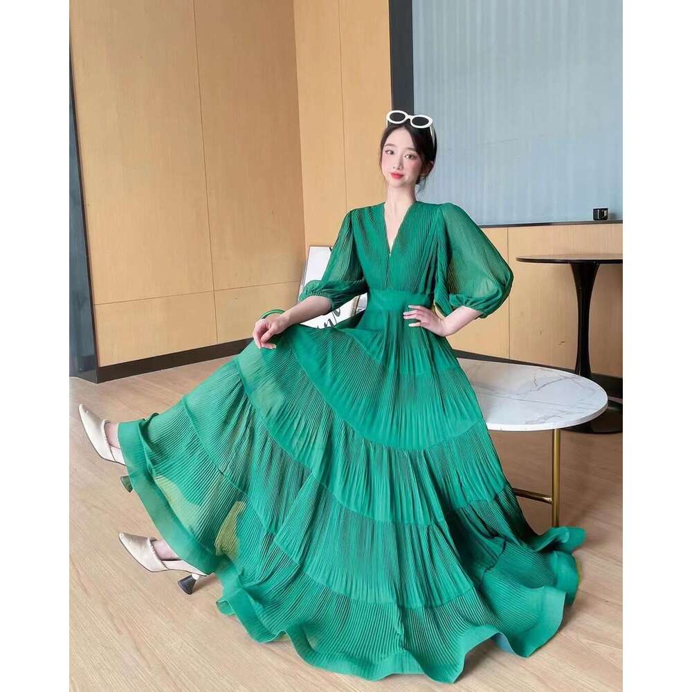 Vacation Seaside New Oversized Layered V-neck with Waist Cinching Temperament, Socialite Pleated Dress, Short Sleeved A-line Dress for Women Silk Dres