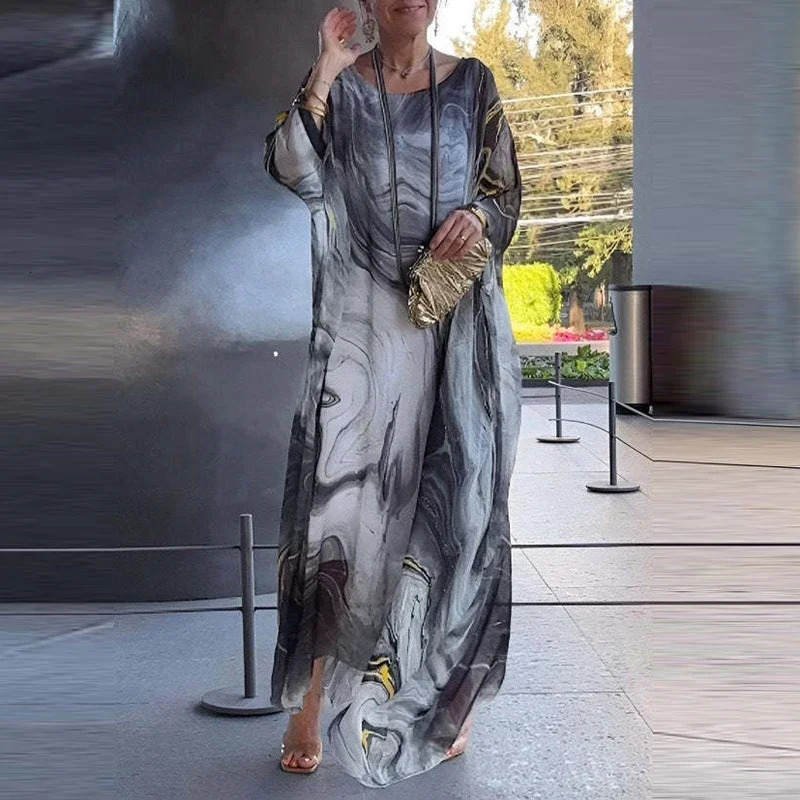Elegant Marble Texture Print Commuting Dress Women Spring Round Neck Long Chiffon Dresses Summer Batwing Sleeve Loose Boho 240712