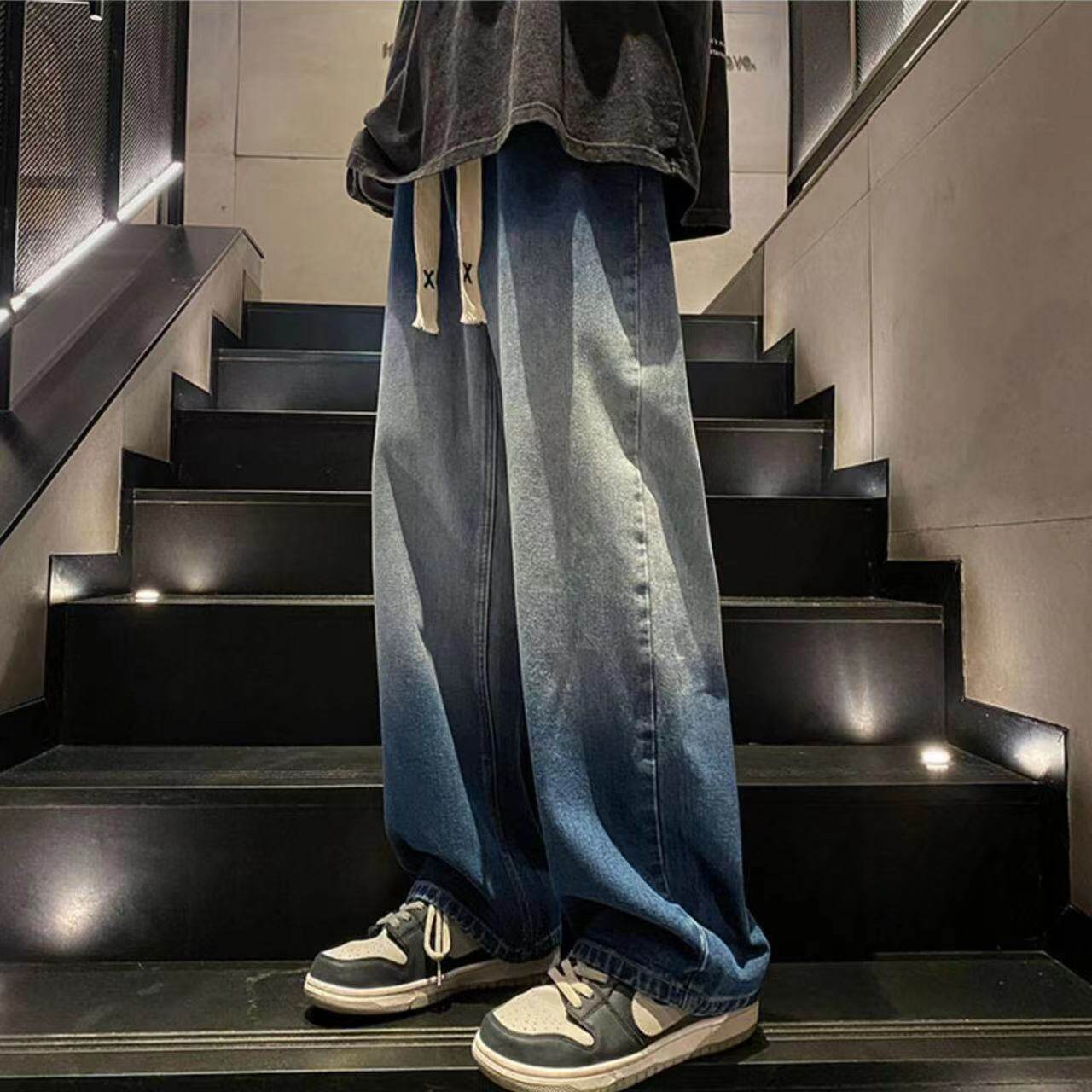 Baolaiwu New fashion Vintage gradient s men's Korean loose fitting student straight pants men jean