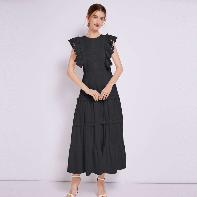 French Heavy Industry Embroidery Round Neck Flying Sleeves Waist Collection Design Solid Color Womens Dress A-line New Product Novelty Denim Dress Sil