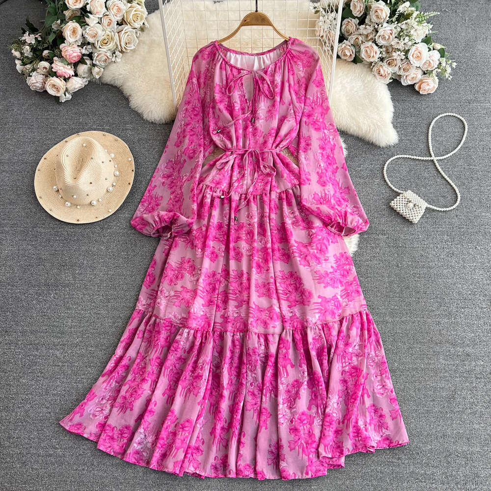 Summer French Tea Break Big Swing Skirt Gentle Style Long Sleeved V-neck Waist Cinching for Slimming A-line Ruffle Edge Printed Dress Denim Dress Silk