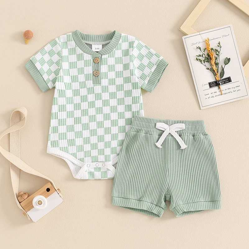 Clothing Sets Summer Newborn Infant Baby Boys Outfits Clothing Checkerboard Buttons Short Sleeve Romper Top and Shorts 2Pcs Clothes Set
