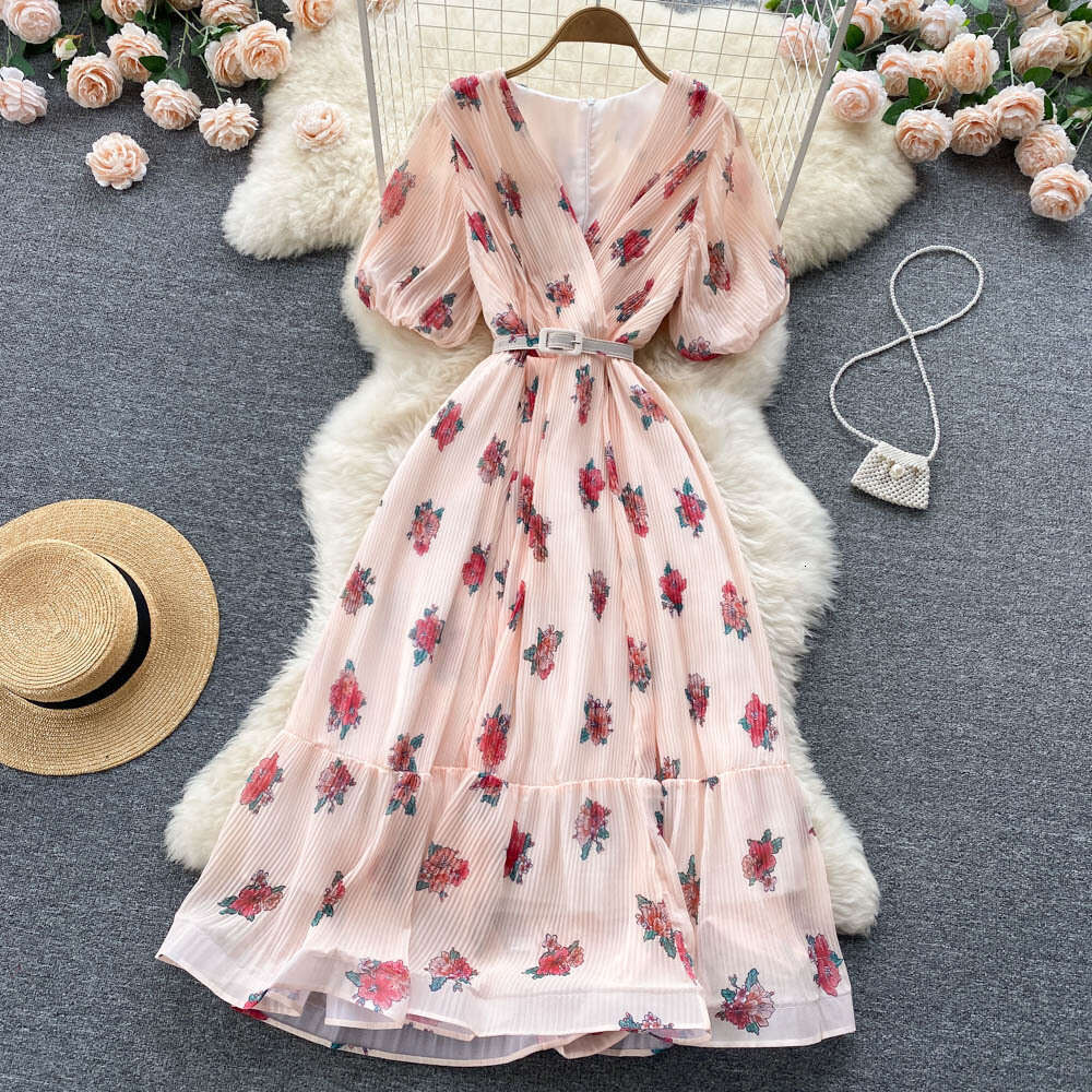 2022 Summer Literary and Ethnic Style Elegance Fragmented Flower Chiffon Dress Womens Waistband Slim A-line Long Skirt Bifurcated Waist Short Sexy Den