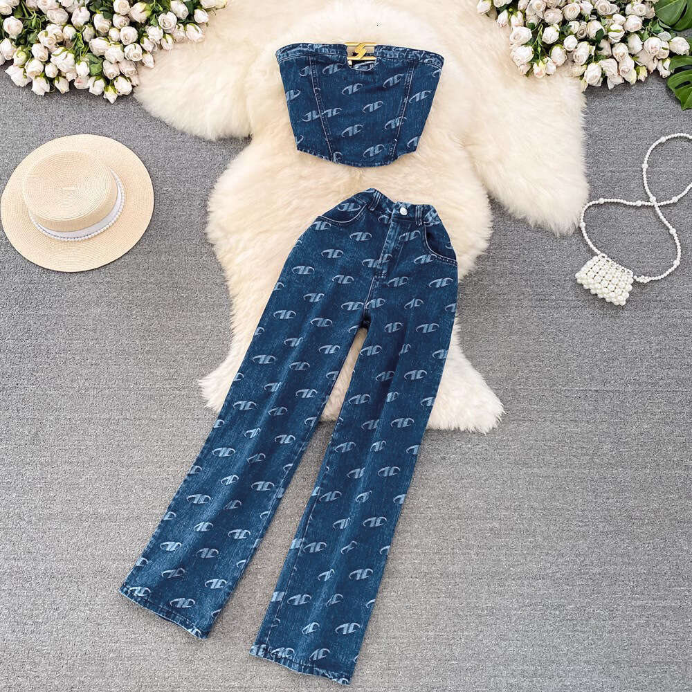 Fashion Womens American Style, Strapless Denim Vest, Two-piece Set, Casual High Waisted Slim Straight Pants Bifurcated Waist Silk Dress Denim Dress