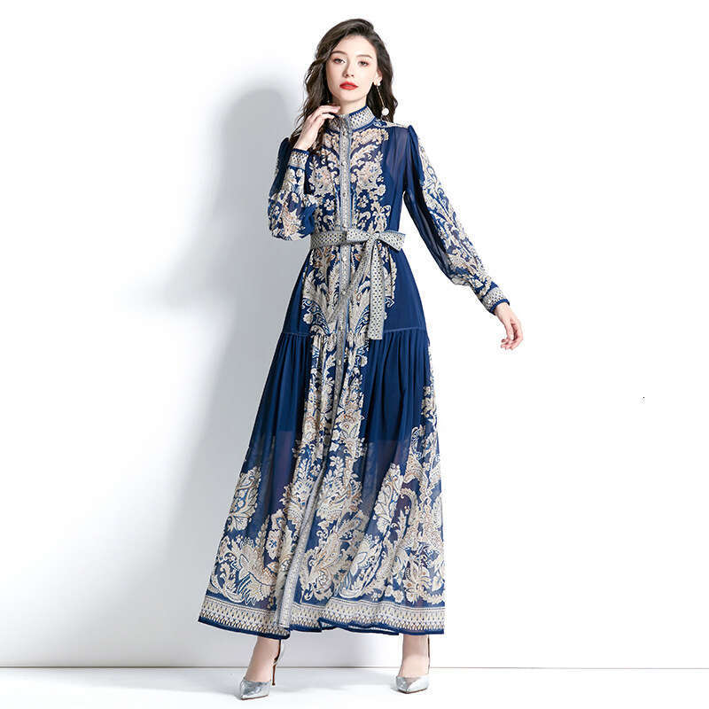 2023 Spring Long Sleeved Vacation Style Stand Up Neck Lantern Sleeves Wave Edge Printed Temperament Dress Loose Pregnant Womens Dress Round Neck Dress