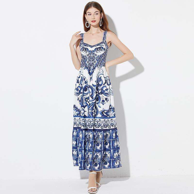 Vacation Style Blue and White Porcelain Beautiful Camisole Long 2023 Summer New Waistband Pressed Pleated Commuting Printed Dress Novelty Short Denim 