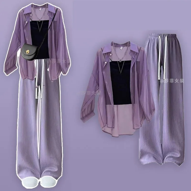 2024 Summer Korean Casual Tracksuit Matching Set Womens Loose Chiffon Sunscreen Shirtsuspenderwide Leg Pants 3 Piece Suit 240716
