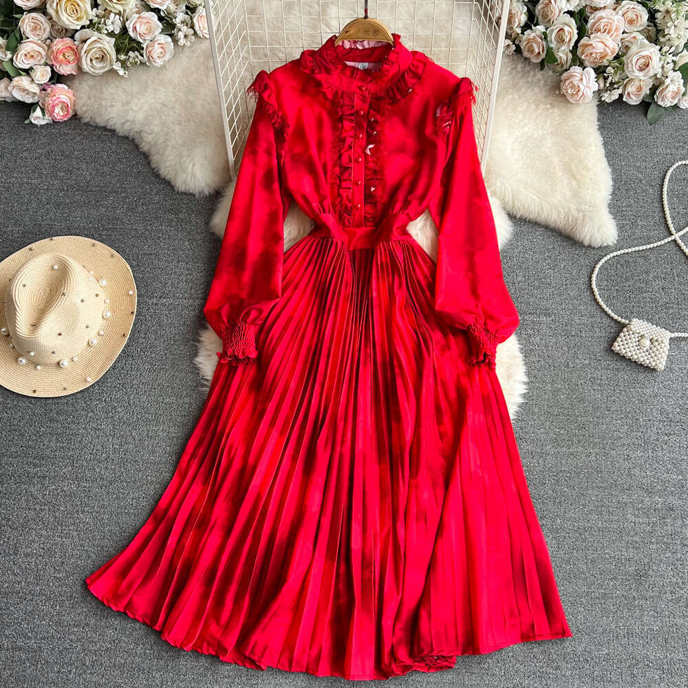 High End Lantern Long Sleeved Stand Up Collar with Ruffled Edges That Wrap Around the Waist for A Slimming Effect. A-line Halo Dye Printed Pleated Dre