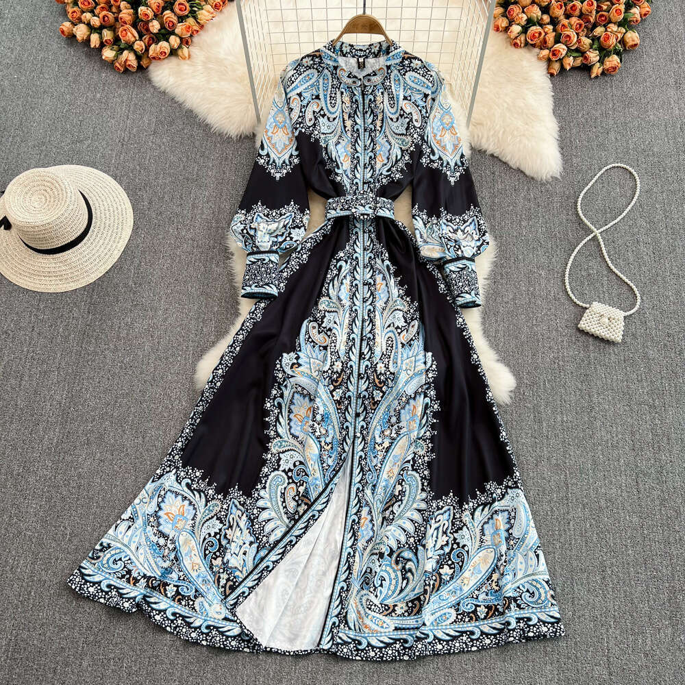 Palace Style Printed Long Sleeved Waist Cinched Single Breasted Lantern Sleeve A-line Large Hem Elegant Formal Dress Temperament Denim Dress SKINNY DR