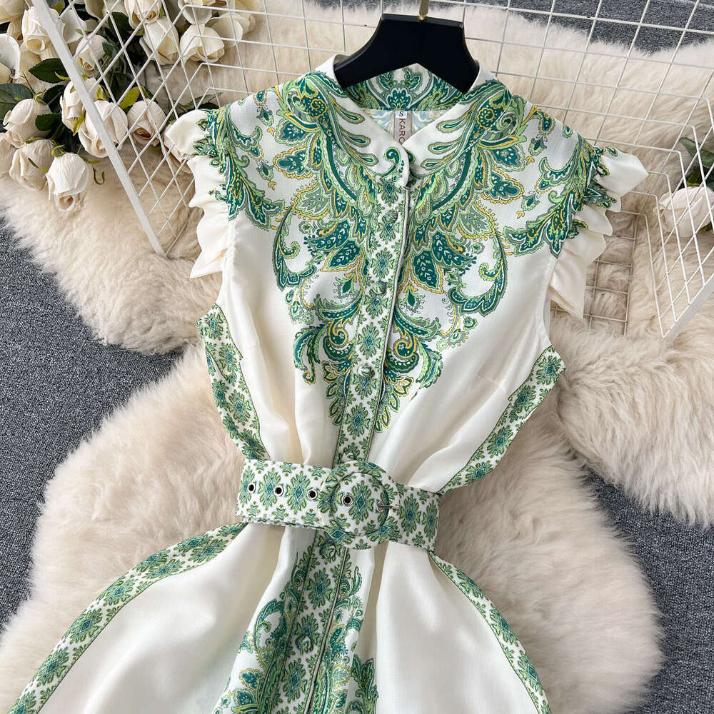 Wind High-end Printed Sleeveless Dress for Womens Summer New Collection Waist, Large Hem, Open Neck, Long Skirt Bifurcated Oversize Dress Silk Dress