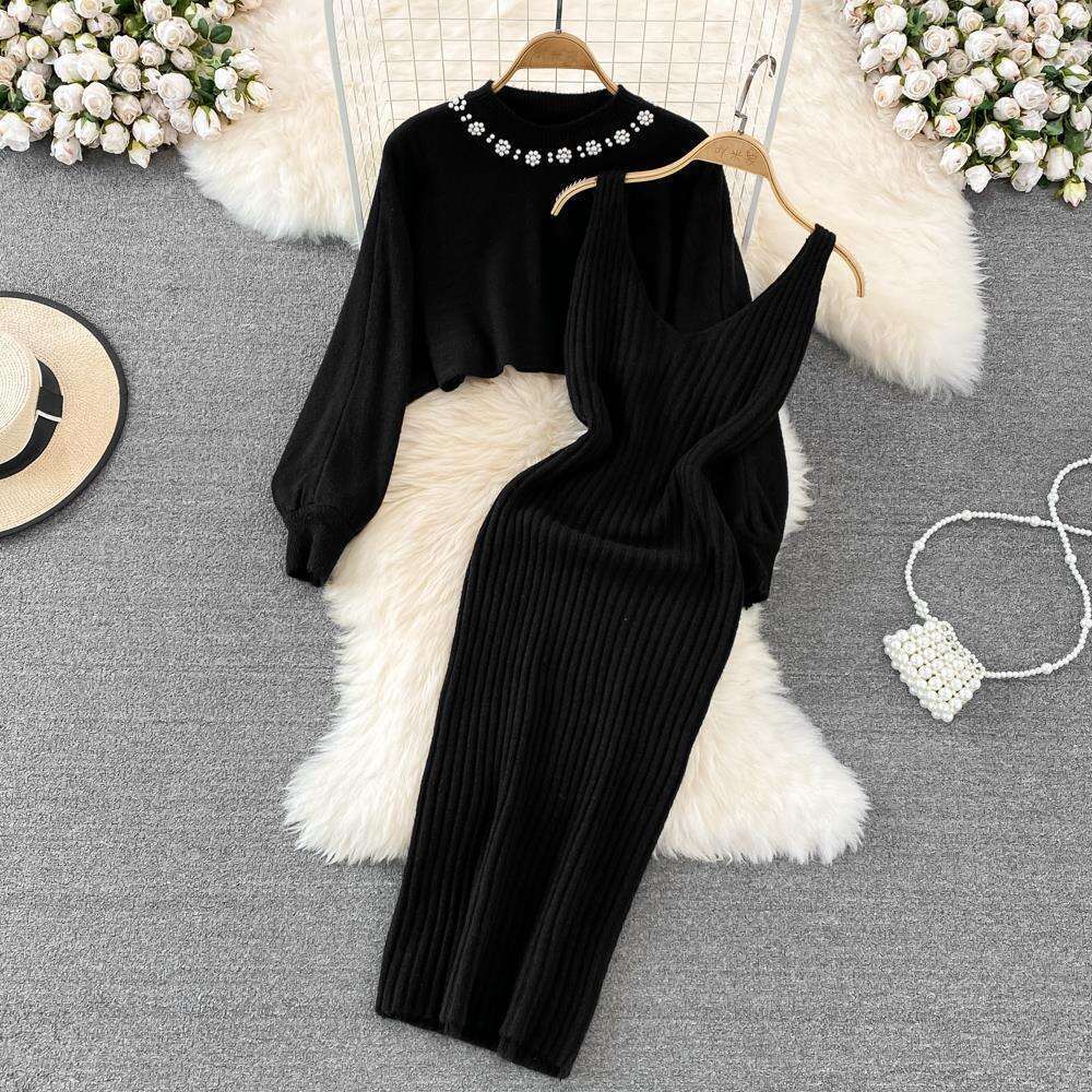 Socialite Temperament Round Neck Nail Bead High Waist Short Exposed Belly Button Sweater Two-piece Set Spicy Girl Knitted Vest Dress Sexy Short High W