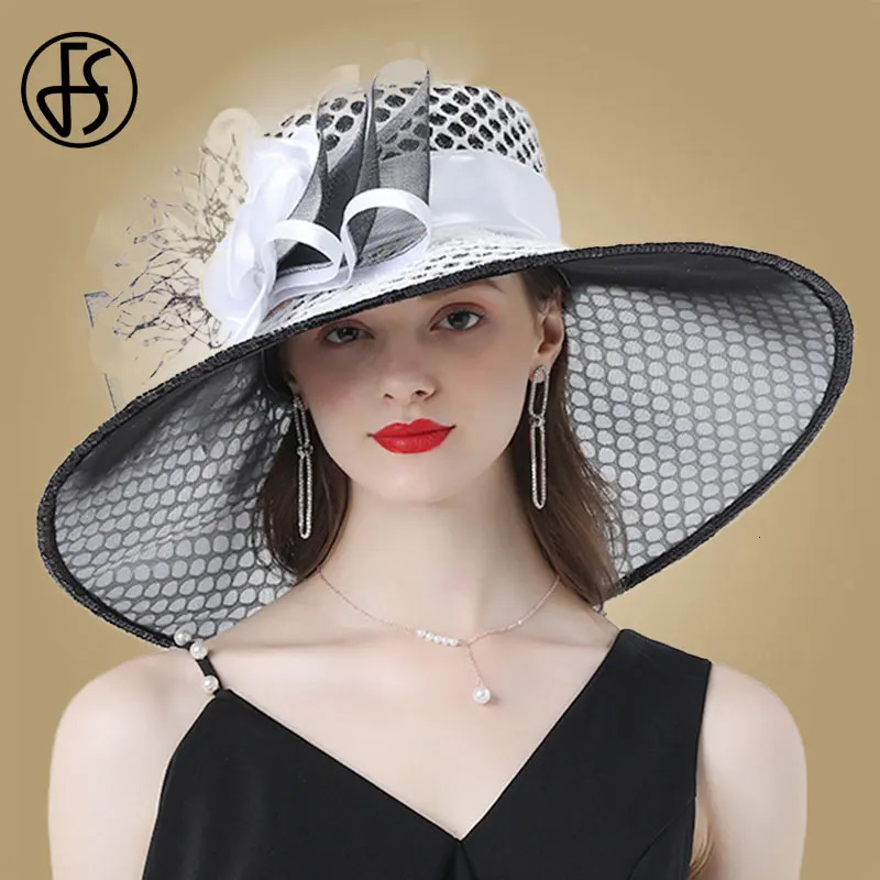 FS Fascinator Hats Wedding Bride Derby Hats For Women Ladies Church Hat Flower Hats Large Wide Brim Fedora Organza Hat 240621