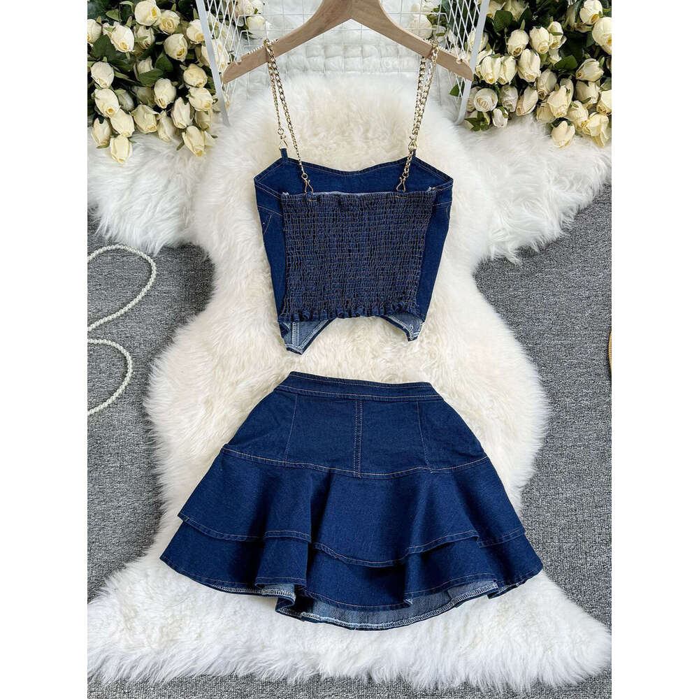 American Spicy Girl Set with Pure Desire Style Chain Hanging Strap Bra Denim Top+high Waist A-line Ruffle Edge Short Skirt Loose Temperament SKINNY DR
