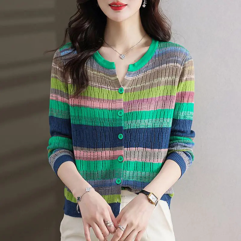 Fashion Women Clothing Colorful Striped Cardigan Sweater Spring Autumn Korean Versatile Casual Long Sleeve Knitted Coats 240712
