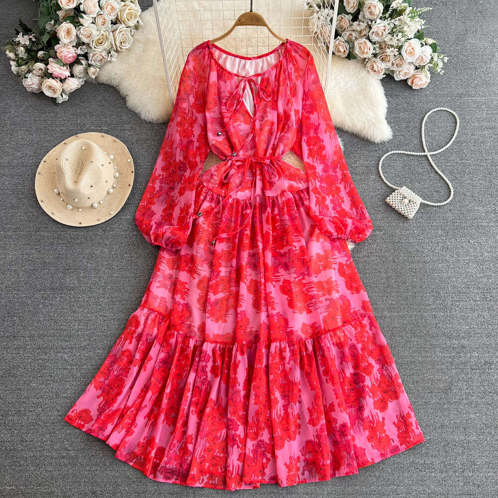 Summer French Tea Break Big Swing Skirt Gentle Style Long Sleeved V-neck Waist Cinching for Slimming A-line Ruffle Edge Printed Dress Denim Dress Silk
