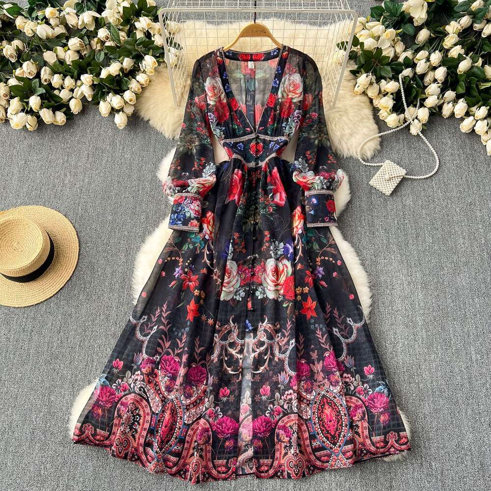 Luxury Vacation Niche Palace Style French Deep V-neck, Waist Cinched Buckle, Printed Long Dress Temperament Sexy High Waist Dress Pregnant Womens Dres