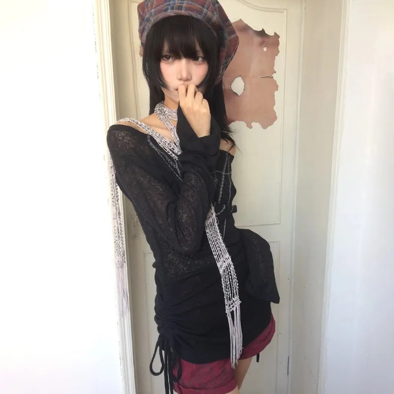 Karrram Japanese Y2k Knitted Tops Grunge Tattoo Print Long Sleeve T-shirt Ribbed Vintage Harajuku Shirring Knitwear 2000s Gothic 240716