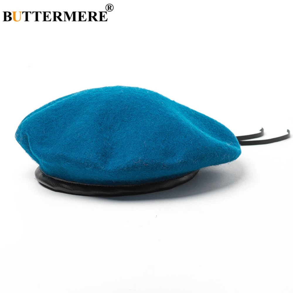 BUTTERMERE French Beret Women Autumn Winter Wool Leather Female Japanese Vintage Blue Yellow Purple Green Womens Felt Cap 240716