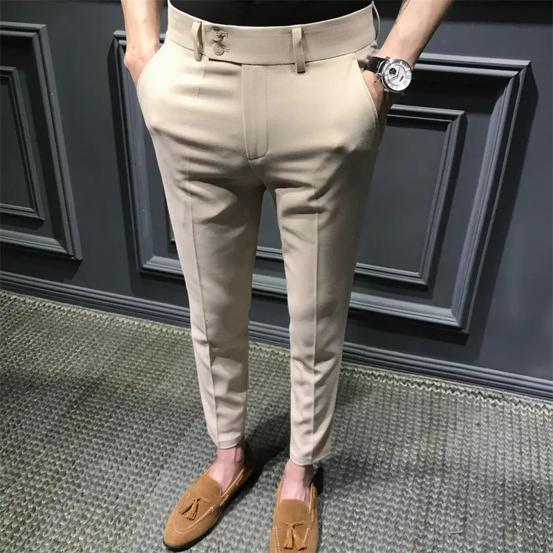 Mens Fashion Slim Fit Comfortable Ankle Length Suit Pants Casual Elastic Soild Small Foot Nine Point Pants Commuting Wear 240715