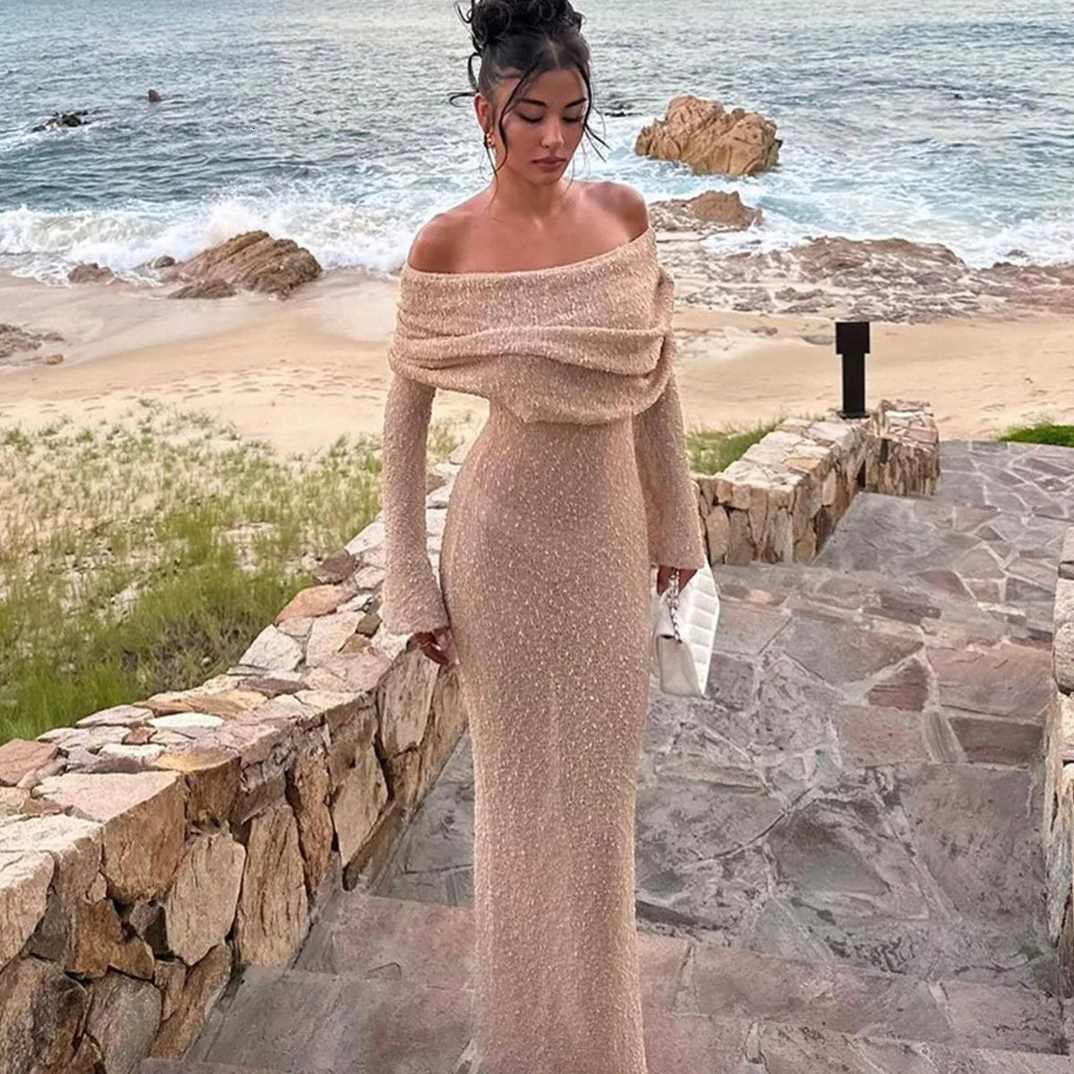 Slim Knitted Sexy See Through Dresses Hollow Out Off The Shoulder Maxi Dress Women Summer Lady Beach Vacation Vestidos 240715
