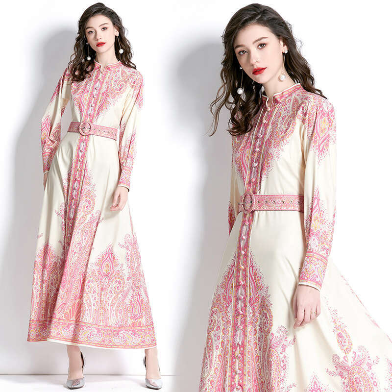 2023 Spring Womens Elegance Sleeved Palace Vacation Style Standing Neck Lantern Sleeves Long Printed Dress Self-cultivation Temperament Sexy High Wais