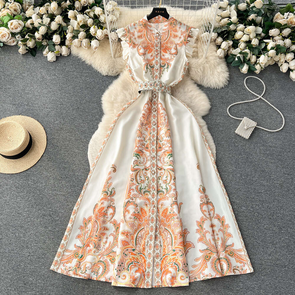 Wind High-end Printed Sleeveless Dress for Womens Summer New Collection Waist, Large Hem, Open Neck, Long Skirt Bifurcated Oversize Dress Silk Dress